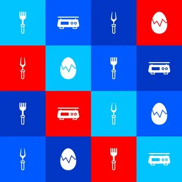 Set Fork, Electronic scales, Barbecue fork and Broken egg icon. Vector Stock Illustration