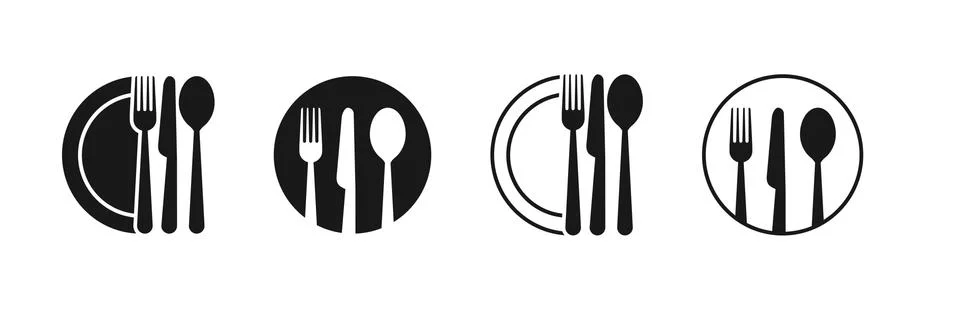 Set of fork, knife, spoon. Logotype menu. Set in flat style. Silhouette of cu Stock Illustration