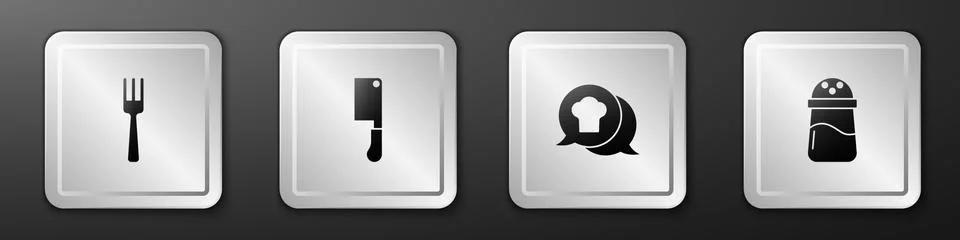 Set Fork, Meat chopper, Chef hat in speech bubble and Salt icon. Silver square Stock Illustration