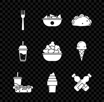 Set Fork, Nachos in plate, Taco with tortilla, Paper glass drinking straw a.. Stock Illustration