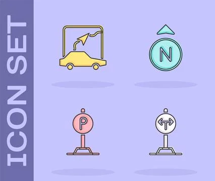 Set Fork in the road, City map navigation, Parking and Compass icon. Vector Illustrazione stock