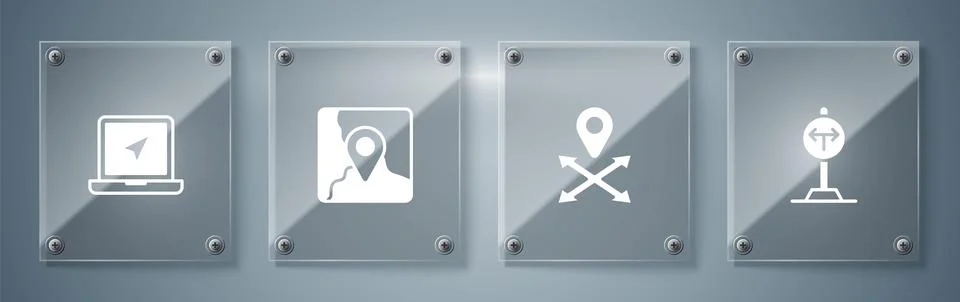 Set Fork in the road, Location, Folded map with location marker and Laptop... Stock Illustration