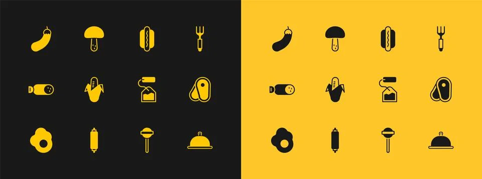 Set Fork, Rolling pin, Tea bag, Lollipop, Corn, Hotdog, Eggplant and Mushro.. Illustrazione stock