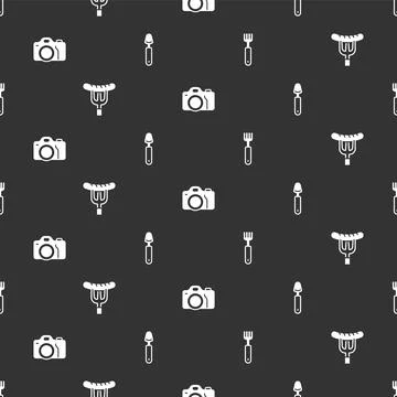 Set Fork, Sausage on the fork, Photo camera and Spoon on seamless pattern. .. 스톡 일러스트