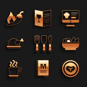 Set Fork, spoon and knife, Restaurant cafe menu, Steak meat plate, Nachos i.. Stock Illustration
