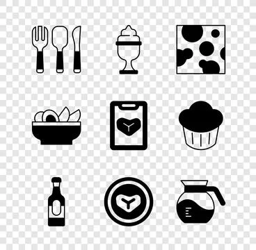 Set Fork, spoon and knife, Ice cream in bowl, Cheese, Wine bottle, Steak me.. Stock Illustration