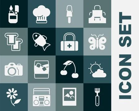 Set Fork, Sun and cloud weather, Butterfly, Ice cream, Fish, Bread toast Ilustração Stock