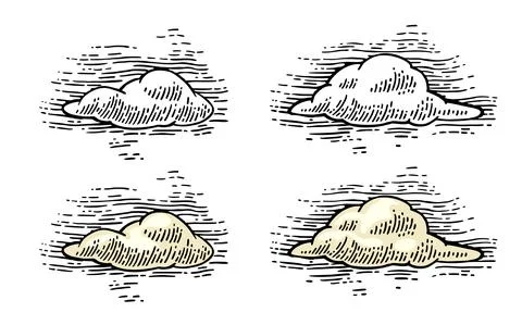 Set form of clouds. Vector color and black hand drawn vintage engraving Stock Illustration