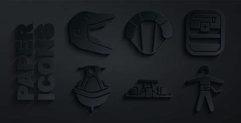 Set Formula 1 racing car, First aid kit, Jet ski, Bungee jumping, Parachute and Illustrazione stock