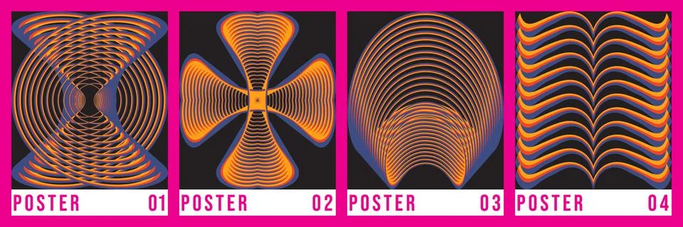 Set of four abstract geometric posters with vibrant wavy line patterns Stock Illustration