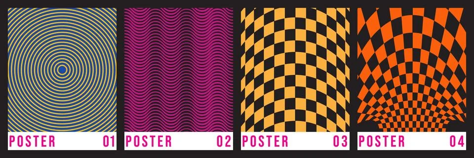 Set of four abstract geometric posters with optical illusion patterns Stock Illustration