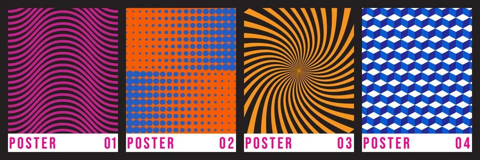 Set of four abstract geometric posters with vibrant patterns Stock Illustration