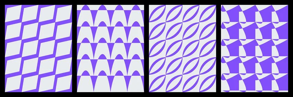Set of four abstract geometric seamless patterns with purple and white shapes Stock Illustration