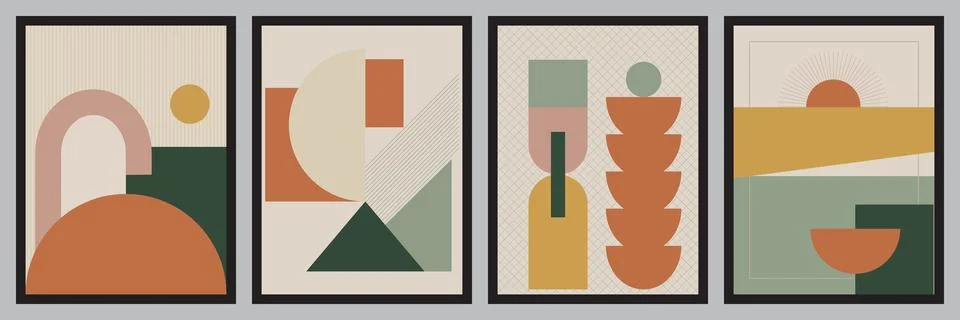 Set of four abstract geometric wall art prints with minimalist shapes and ear Stock Illustration