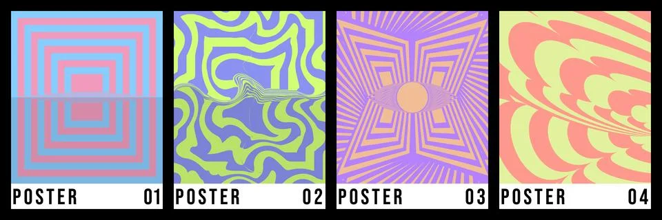 Set of four abstract psychedelic posters with geometric and wavy patterns Stock Illustration