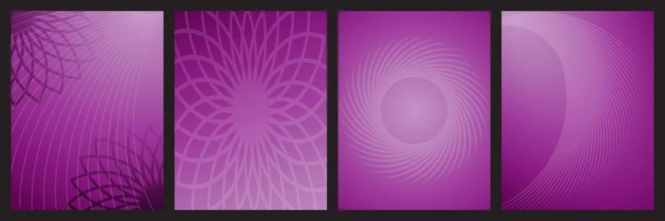 Set of four abstract purple backgrounds with geometric patterns and swirls Stock Illustration