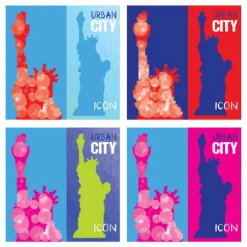 Set of Four Abstract Silhouettes of Statue of Liberty Triangulated with blue Stock Illustration