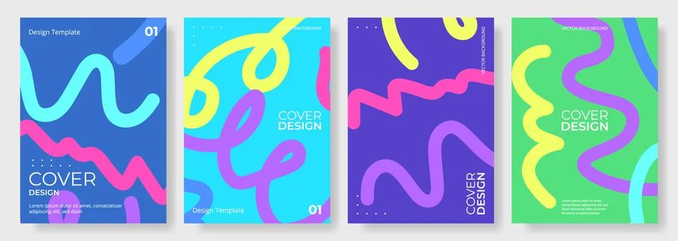 Set of four abstract vector posters with colorful hand drawn squiggles. Many Stock Illustration
