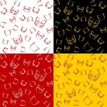 Set of four abstract vector seamless patterns with cat's muzzles 스톡 일러스트