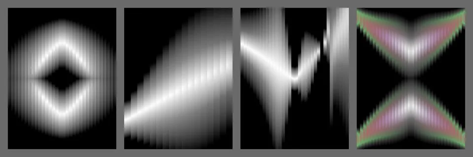 Set of four abstract vertical gradient patterns with geometric light effects Stock Illustration