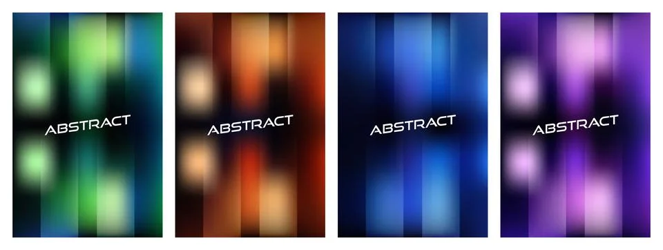 Set of four abstract vertical posters with blurred gradient light streaks a.. Illustrazione stock