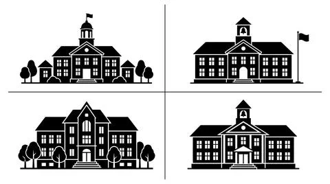 Set of four academic institution building silhouettes in flat vector style Stock Illustration