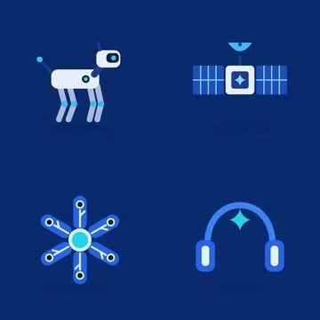 Set of four AI tech elements with robot dog, satellite, circuit snowflake and Ilustração Stock
