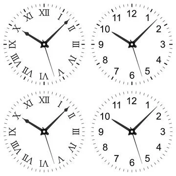 Set of four analog clock faces featuring Roman and Arabic numerals, clean des Illustration
