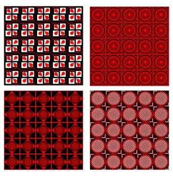Set of four background tiles in red, white and black design with fine geometr Stock Illustration
