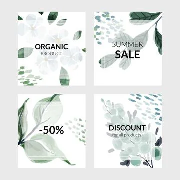 Set of four banner cards with abstract blue watercolor flowers Stock Illustration