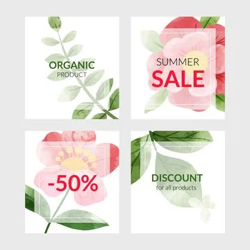Set of four banner cards with abstract red watercolor flowers Stock Illustration