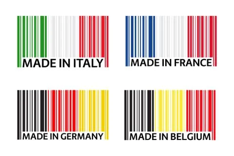 Set of four bar code symbols Made in Italy, Made in France, Made in Germany Stock-Illustration