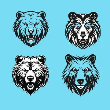 Set of four bear head logo in black Stock Illustration