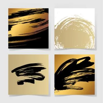 Set of four black and gold ink brushes grunge square pattern Stock Illustration