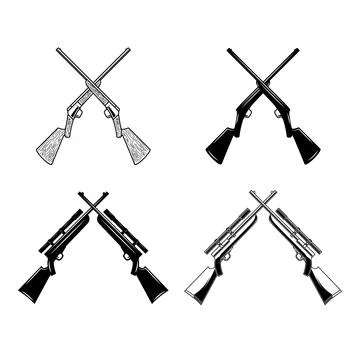 A set of four black and white vector illustrations featuring crossed huntin.. Stock Illustration