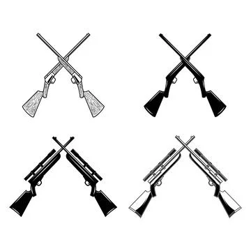 A set of four black and white vector illustrations featuring crossed huntin.. Stock Illustration