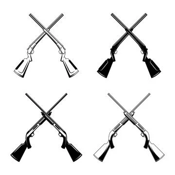A set of four black and white vector illustrations featuring crossed huntin.. Stock Illustration