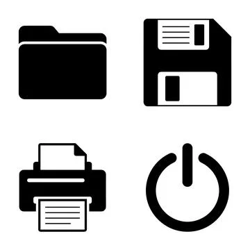 Set of four black computer icons: folder, floppy disk, printer, and power b.. Stock Illustration