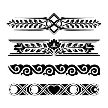 Set of four black decorative horizontal borders with varied patterns includ.. イラスト素材