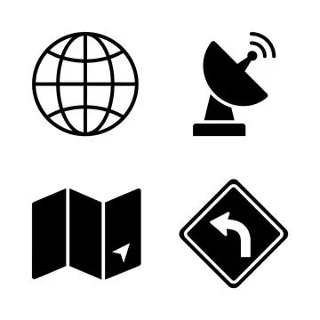 Set of four black flat icons: globe, satellite dish, folded map with naviga.. 스톡 일러스트