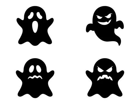 Set of four black ghost icons with different scary facial expressions for Иллюстрация