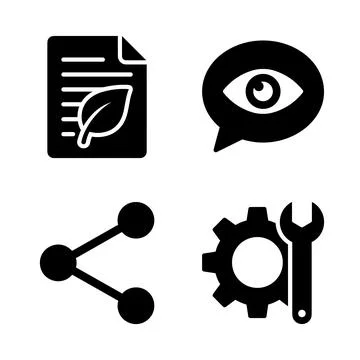 Set of four black icons: document with leaf, speech bubble with eye, share .. Stock Illustration