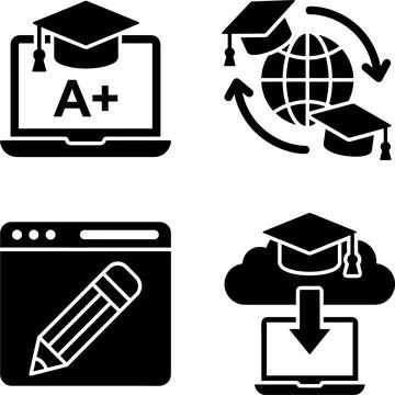 Set of four black icons representing online education and learning concepts. Stockillustratie