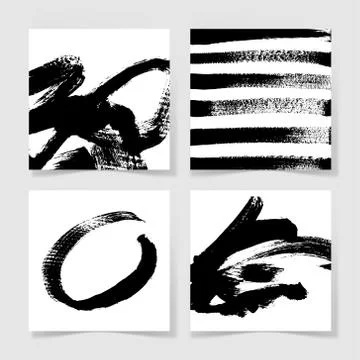 Set of four black ink brushes grunge square pattern, hand drawin Stock Illustration