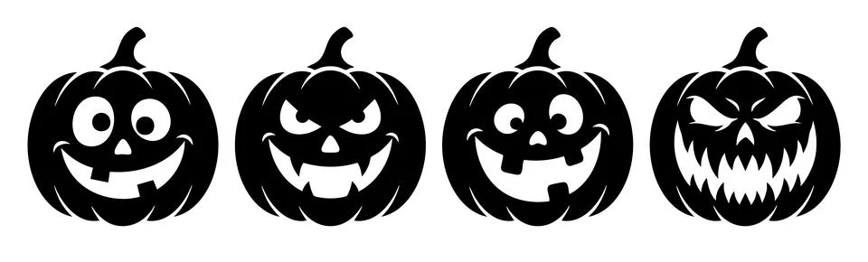 Set of four black jack o lantern pumpkin silhouettes with different scary and Stock Illustration
