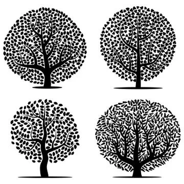 Set of four black trees with leaves on white background Stock Illustration