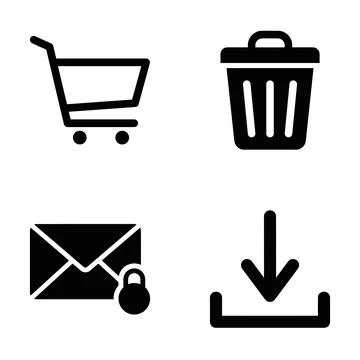 Set of four black vector icons: shopping cart, trash can, locked envelope, .. Stock Illustration