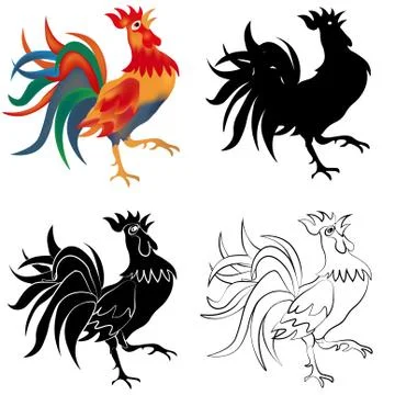 Set of four black, white and colored roosters isolated on white background... Stock Illustration