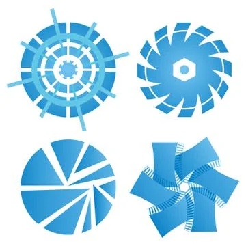 Set of four blue abstract circular technical ornaments on white background Illustrazione stock