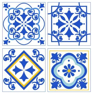 Set of Four Blue and White Mediterranean Ceramic Tile Patterns Stock Illustration